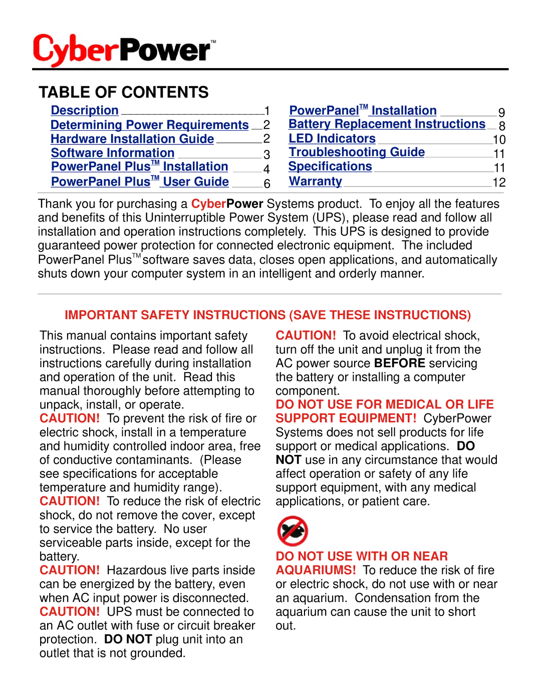 CyberPower Systems CPS1500AVR user manual Table of Contents 