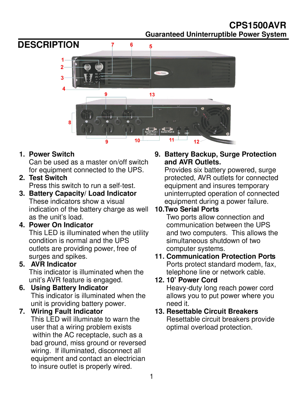 CyberPower Systems CPS1500AVR user manual 