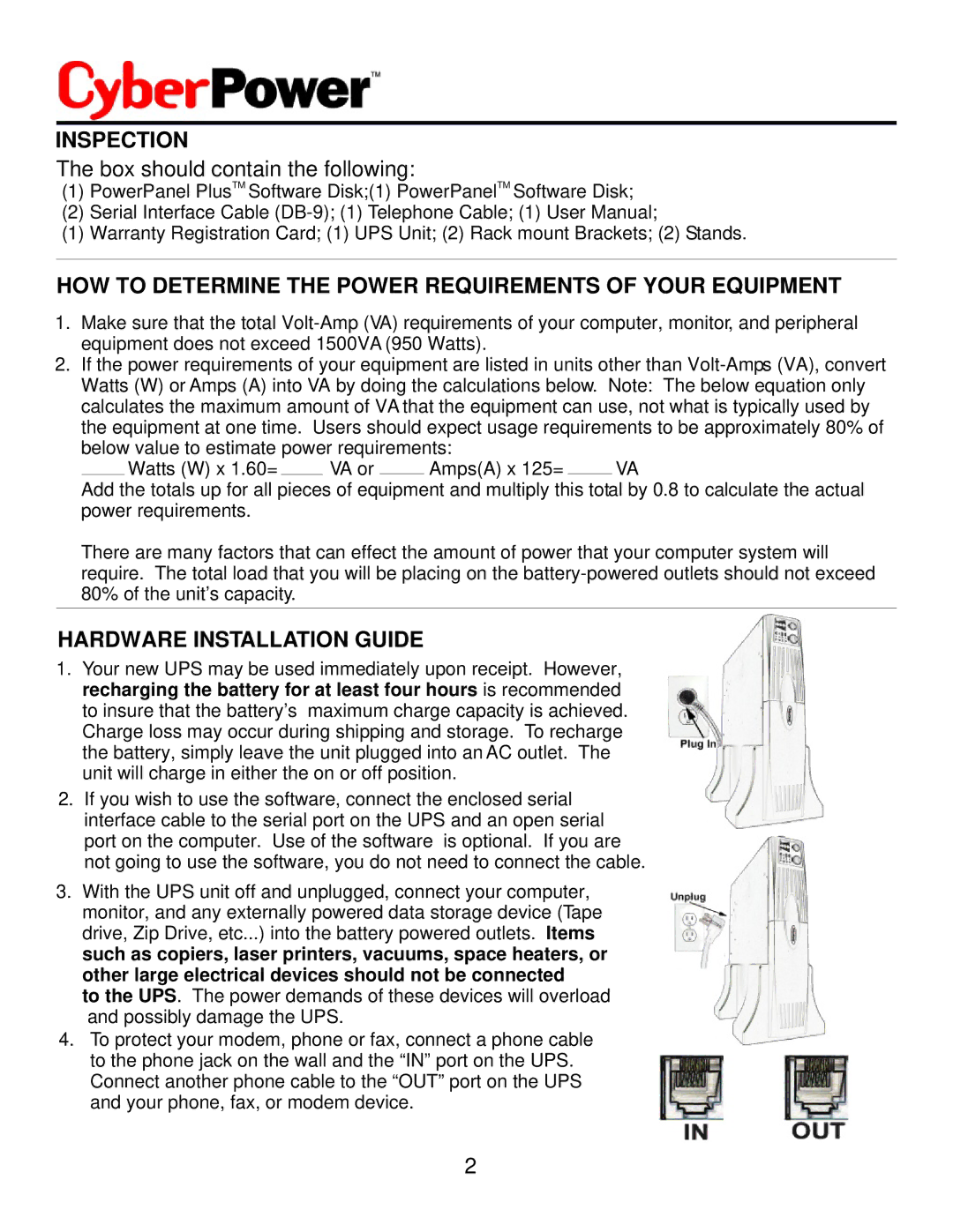 CyberPower Systems CPS1500AVR user manual Inspection, HOW to Determine the Power Requirements of Your Equipment 