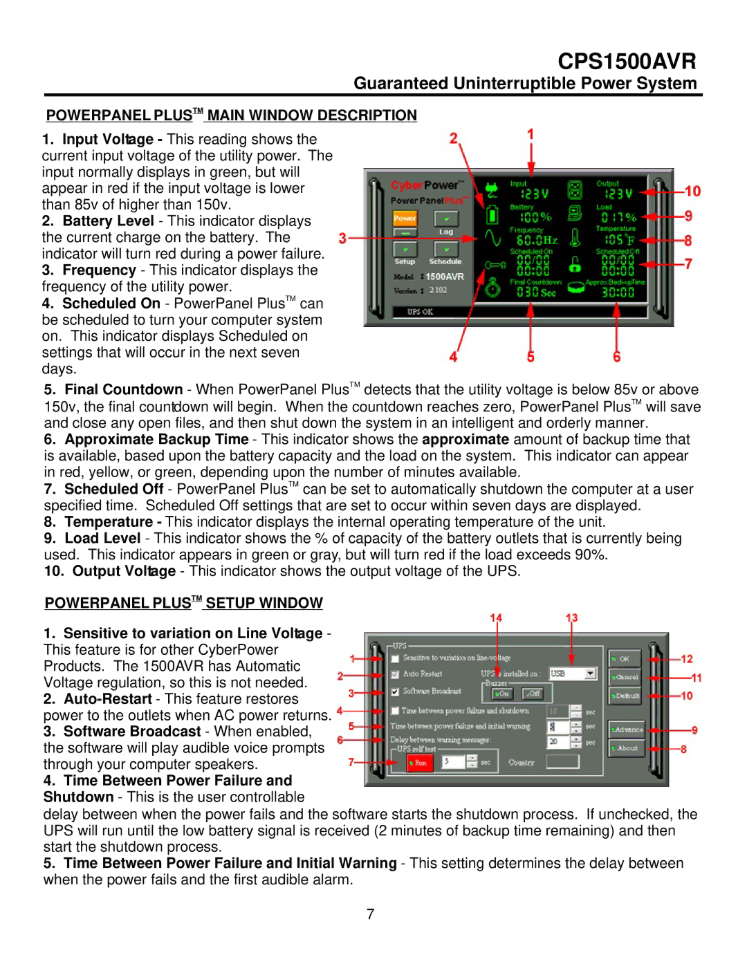 CyberPower Systems CPS1500AVR user manual Powerpanel Plustm Main Window Description, Powerpanel Plustm Setup Window 