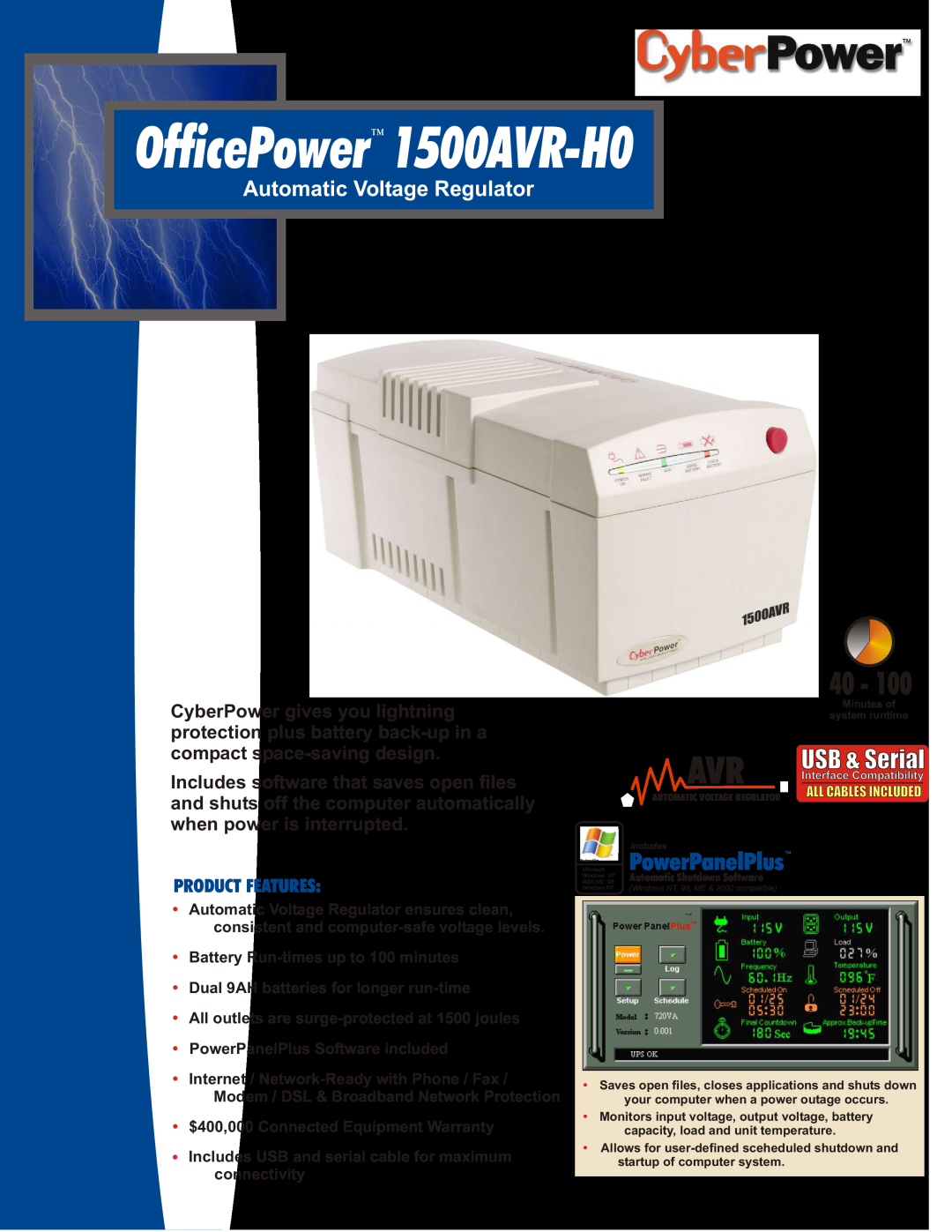 CyberPower Systems warranty OfficePower 1500AVR-H0, PowerPanelPlus, Automatic Voltage Regulator, Product Features 
