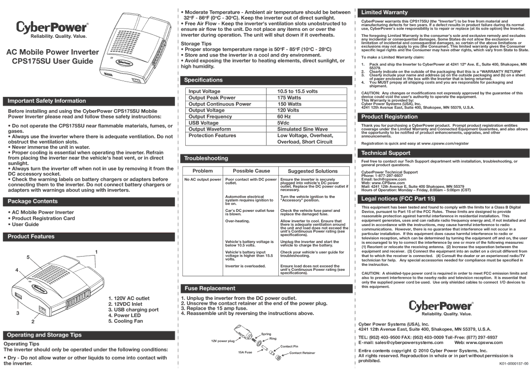 CyberPower Systems CPS175SU specifications Important Safety Information, Package Contents, Product Features 