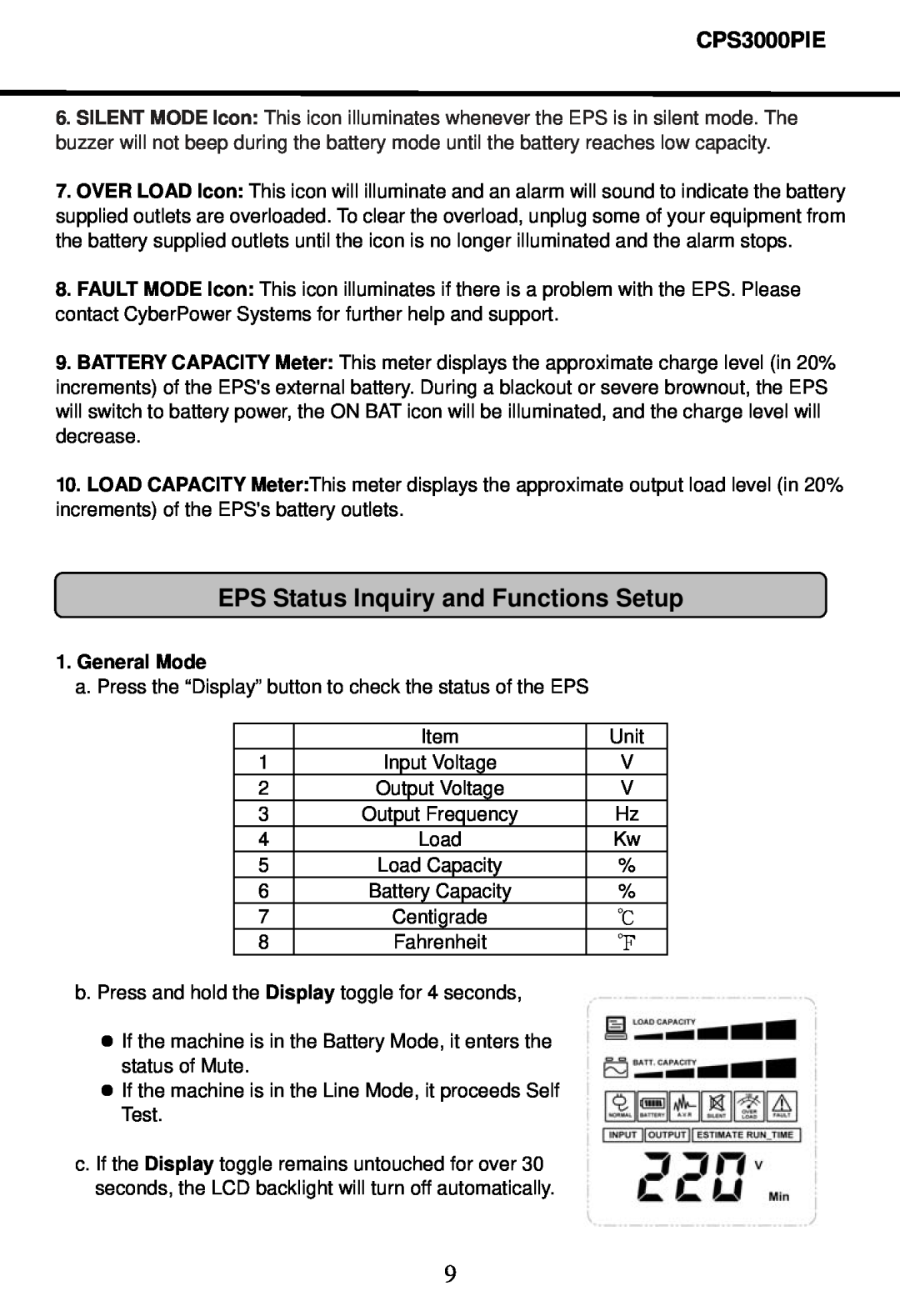 CyberPower Systems CPS3000PIE user manual EPS Status Inquiry and Functions Setup, General Mode 