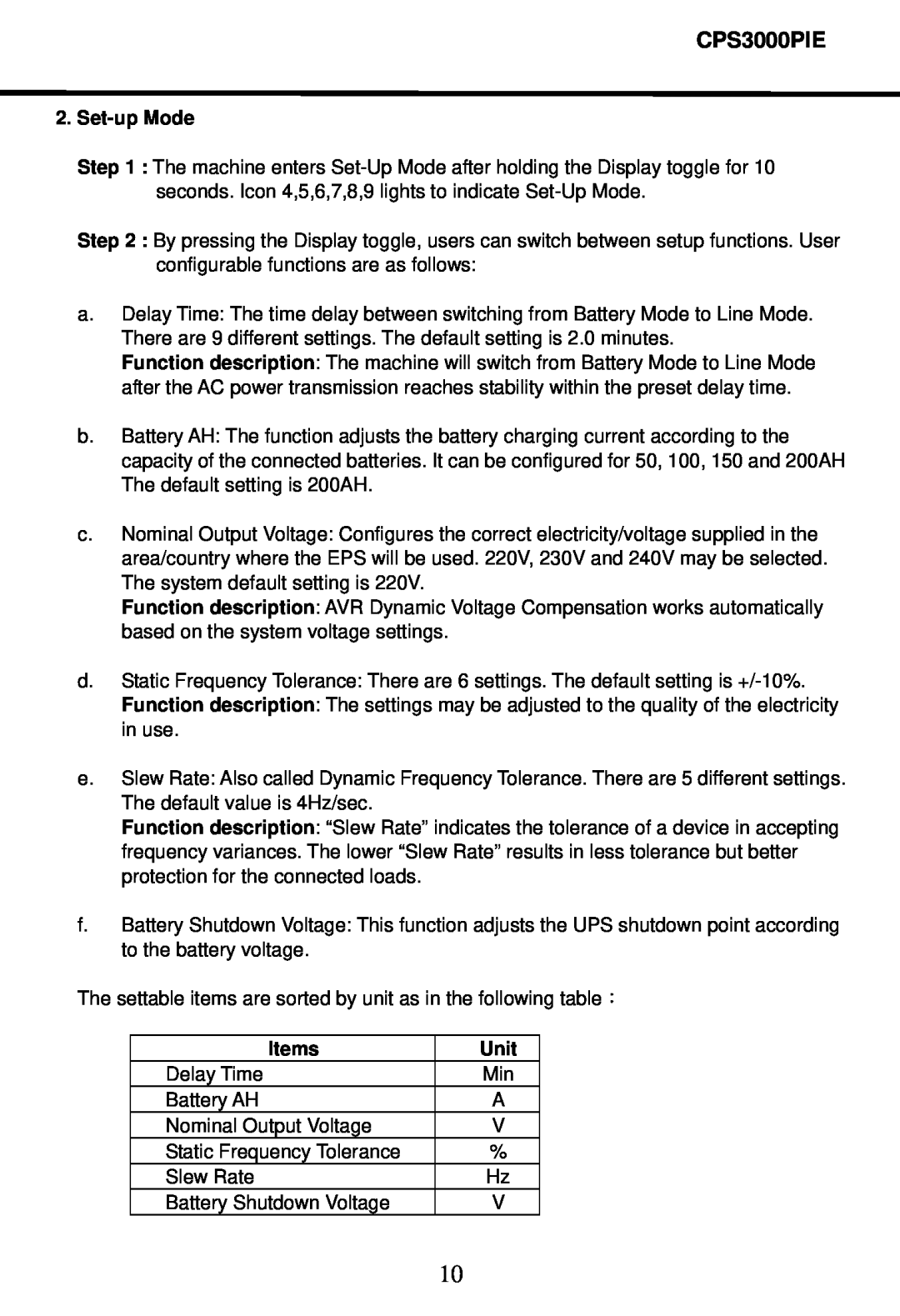 CyberPower Systems CPS3000PIE user manual Set-up Mode, Items, Unit 