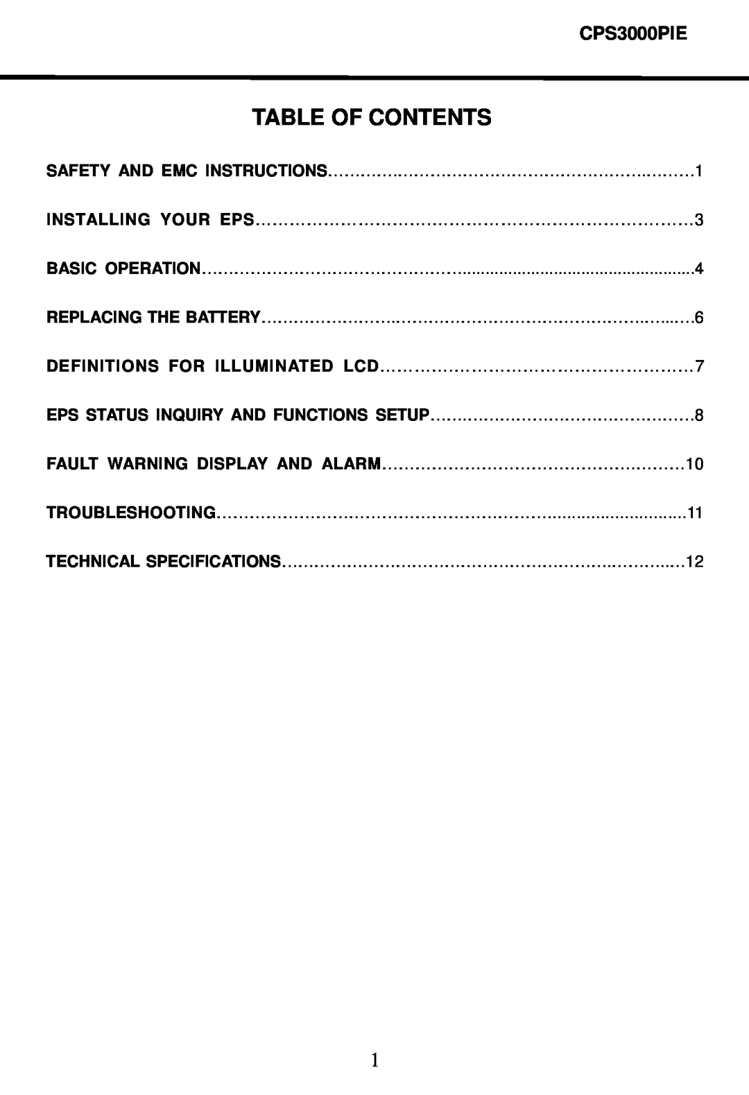 CyberPower Systems CPS3000PIE user manual Table Of Contents, SAFETY AND EMC INSTRUCTIONS………….……………………………………….………1 
