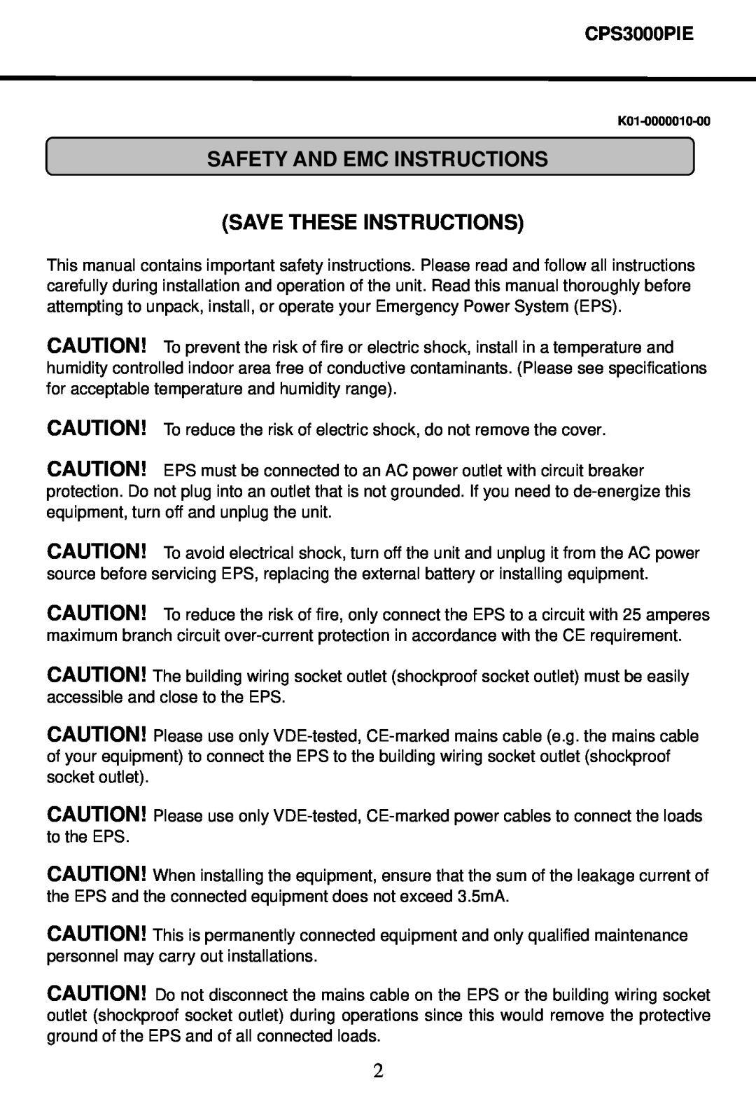CyberPower Systems CPS3000PIE user manual Safety And Emc Instructions Save These Instructions, K01-0000010-00 