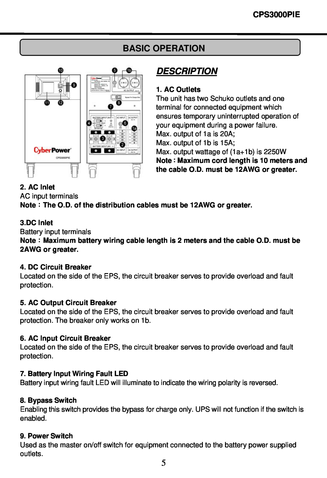 CyberPower Systems CPS3000PIE Description, AC Outlets, AC Inlet, DC Inlet, DC Circuit Breaker, AC Output Circuit Breaker 