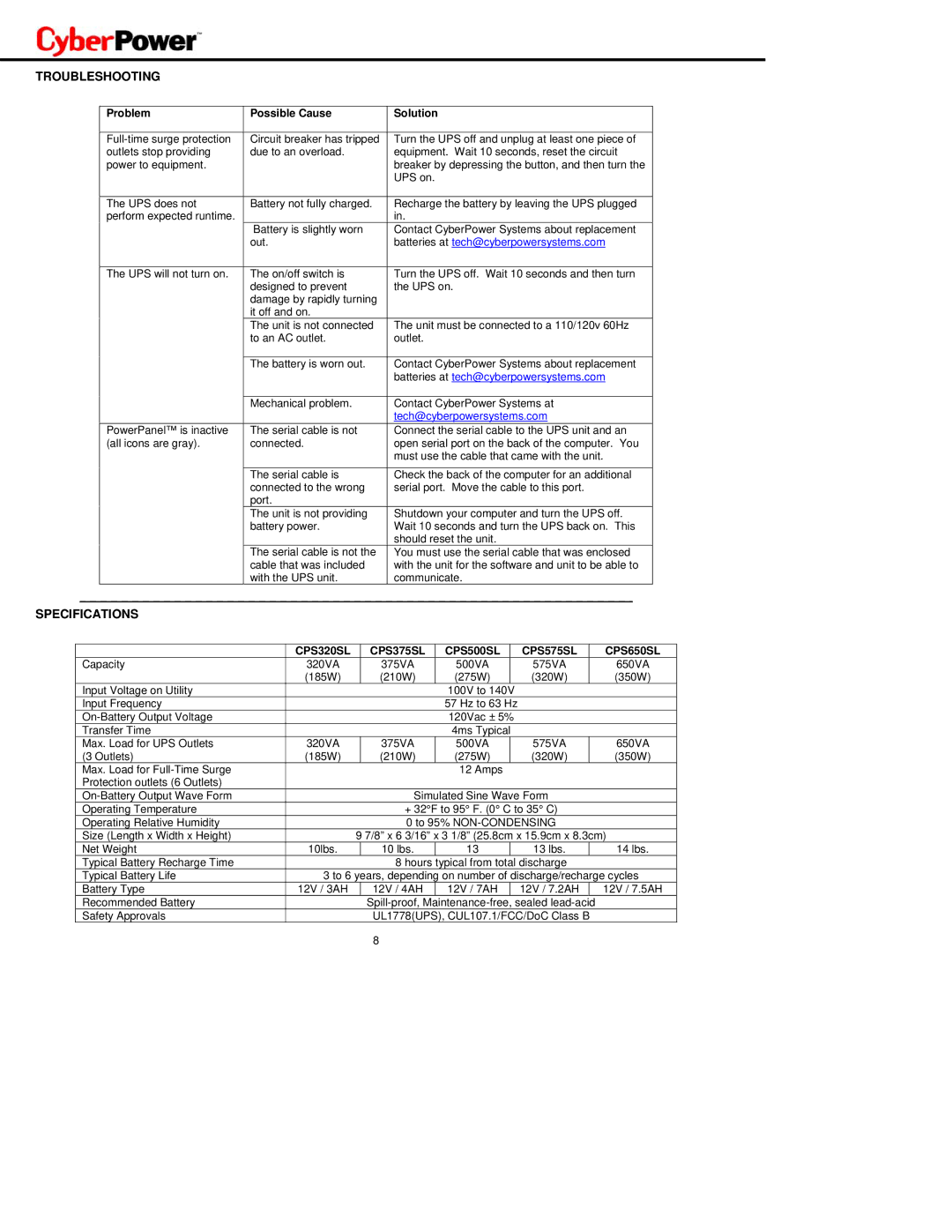 CyberPower Systems CPS500SL, CPS320SL, CPS375SL, CPS575SL Troubleshooting, Specifications, Problem Possible Cause Solution 