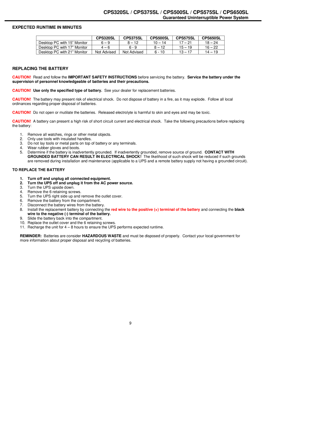 CyberPower Systems CPS320SL, CPS500SL, CPS375SL Expected Runtime in Minutes, Replacing the Battery, To Replace the Battery 