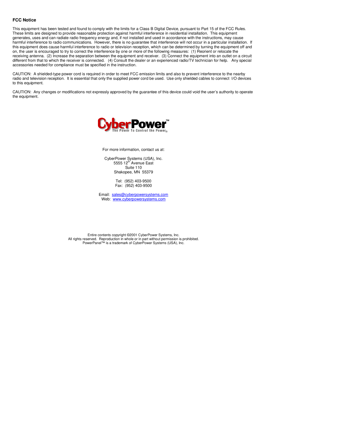 CyberPower Systems CPS320SL, CPS500SL, CPS375SL, CPS575SL, CPS650SL user manual FCC Notice 