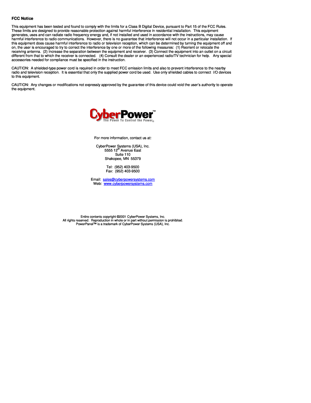 CyberPower Systems CPS320SL, CPS500SL, CPS375SL, CPS575SL, CPS650SL user manual FCC Notice, Email sales@cyberpowersystems.com 