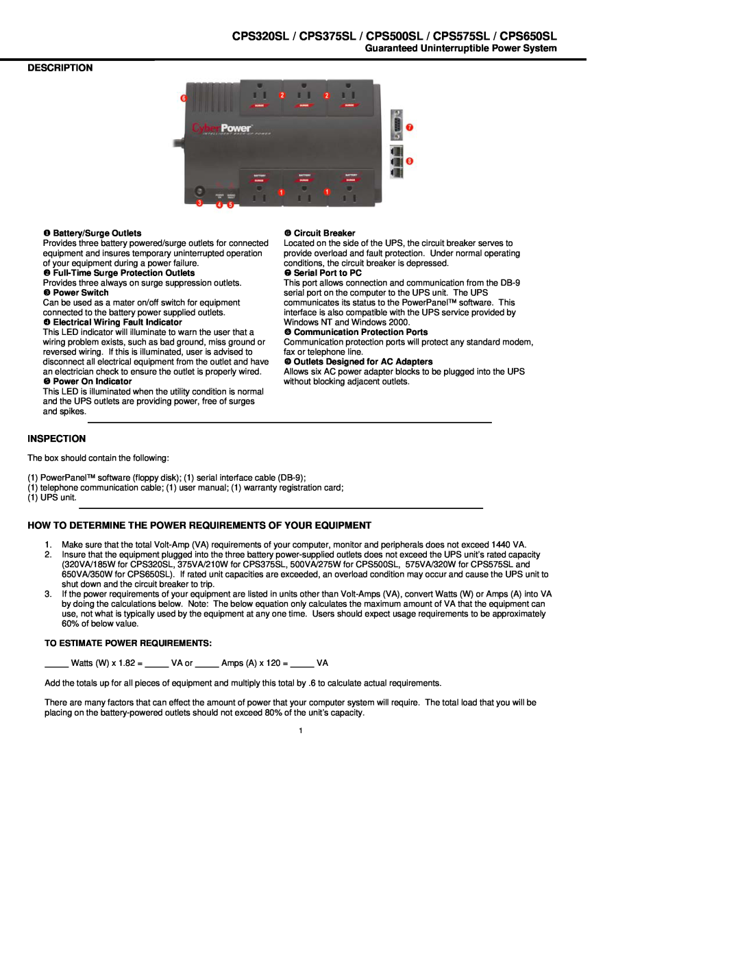 CyberPower Systems user manual CPS320SL / CPS375SL / CPS500SL / CPS575SL / CPS650SL, Inspection, X Battery/Surge Outlets 