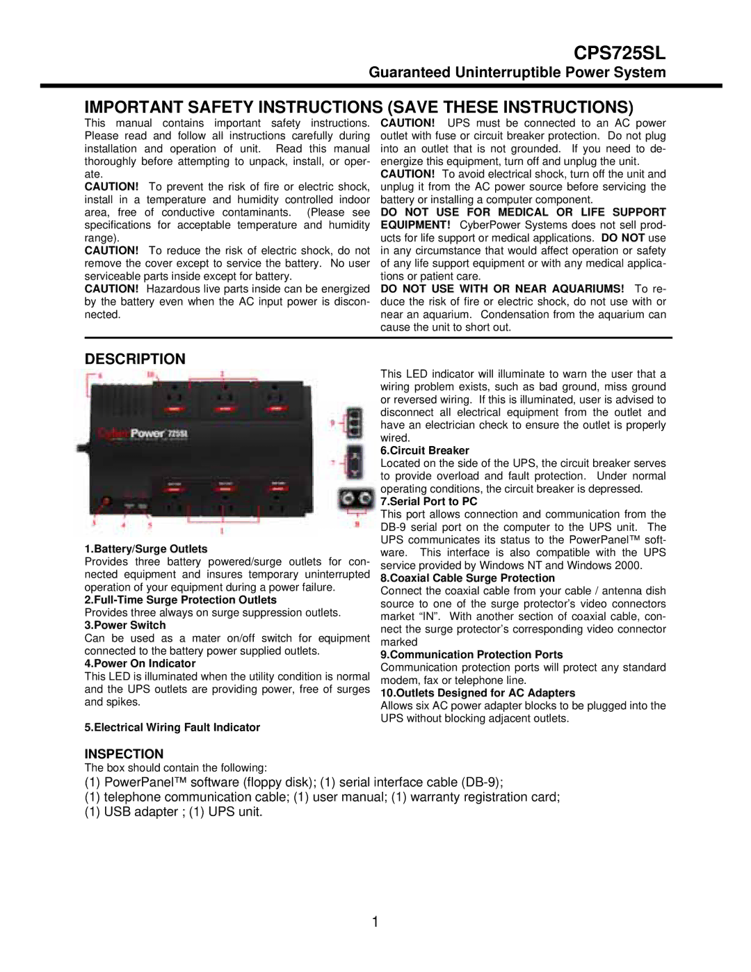 CyberPower Systems CPS725SL user manual Guaranteed Uninterruptible Power System, Description 