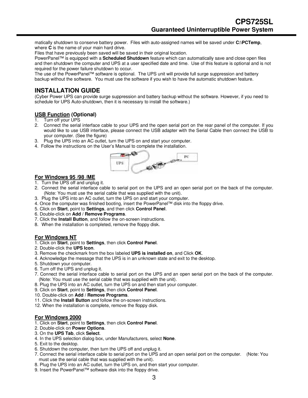 CyberPower Systems CPS725SL user manual Installation Guide, USB Function Optional, For Windows 95 /98 /ME, For Windows NT 