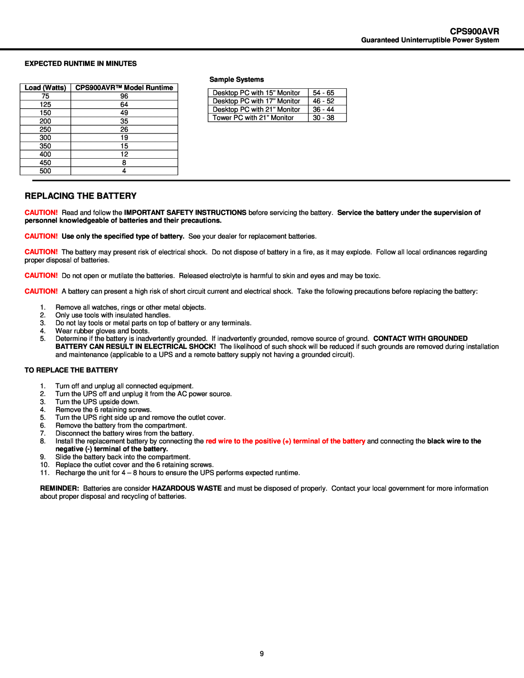 CyberPower Systems user manual Replacing The Battery, Expected Runtime In Minutes, Load Watts, CPS900AVR Model Runtime 