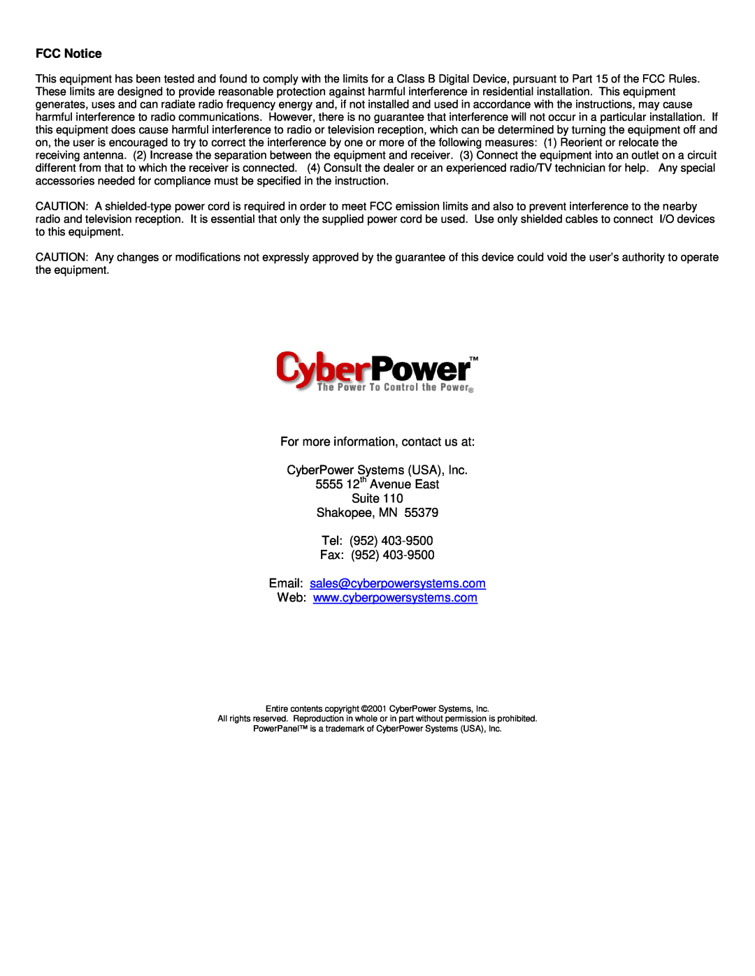 CyberPower Systems CPS900AVR user manual FCC Notice, For more information, contact us at CyberPower Systems USA, Inc 