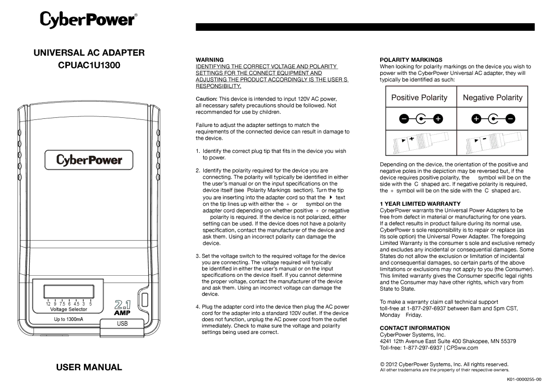 CyberPower Systems CPUAC1U1300 user manual Usb, Polarity Markings, Year Limited Warranty, Contact Information 