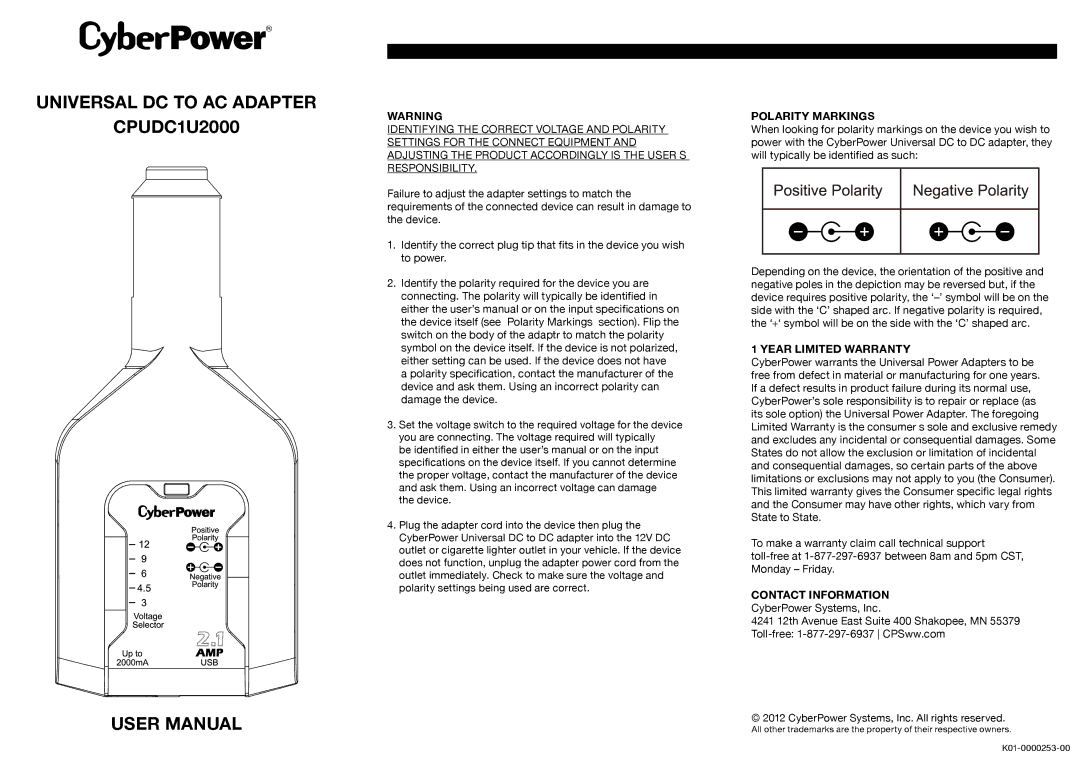 CyberPower Systems CPUDC1U2000 user manual Polarity Markings, Year Limited Warranty, Contact Information 