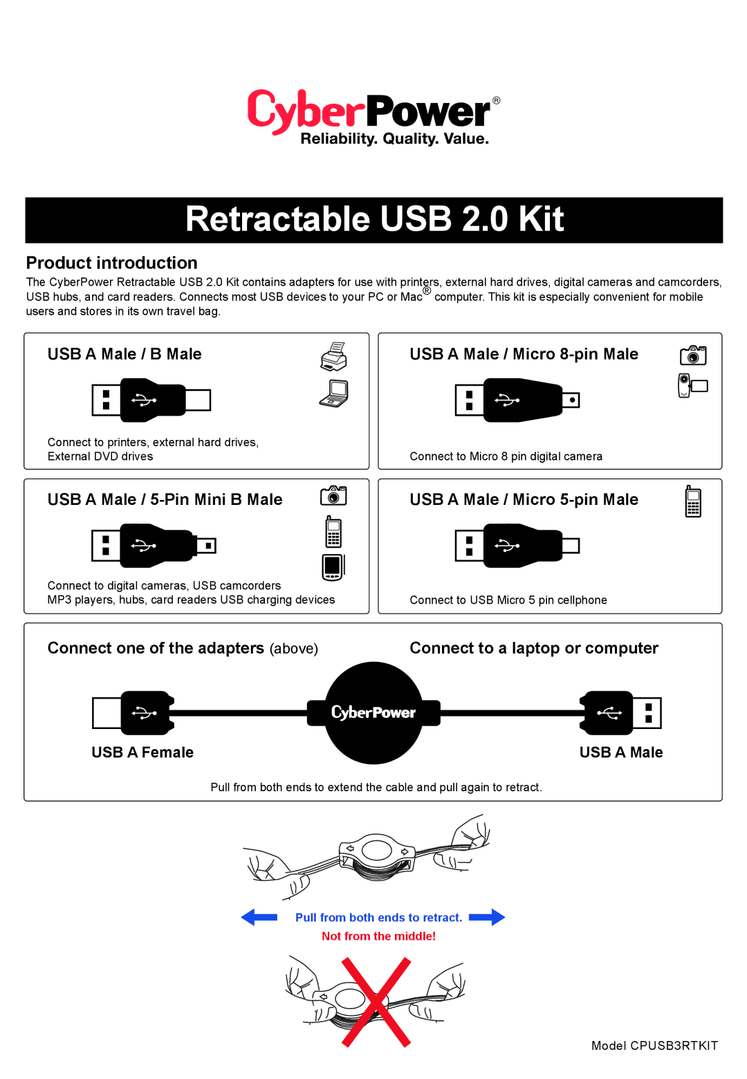 CyberPower Systems CPUSB3RTKIT manual Retractable USB 2.0 Kit, Product introduction, USB a Male / B Male 