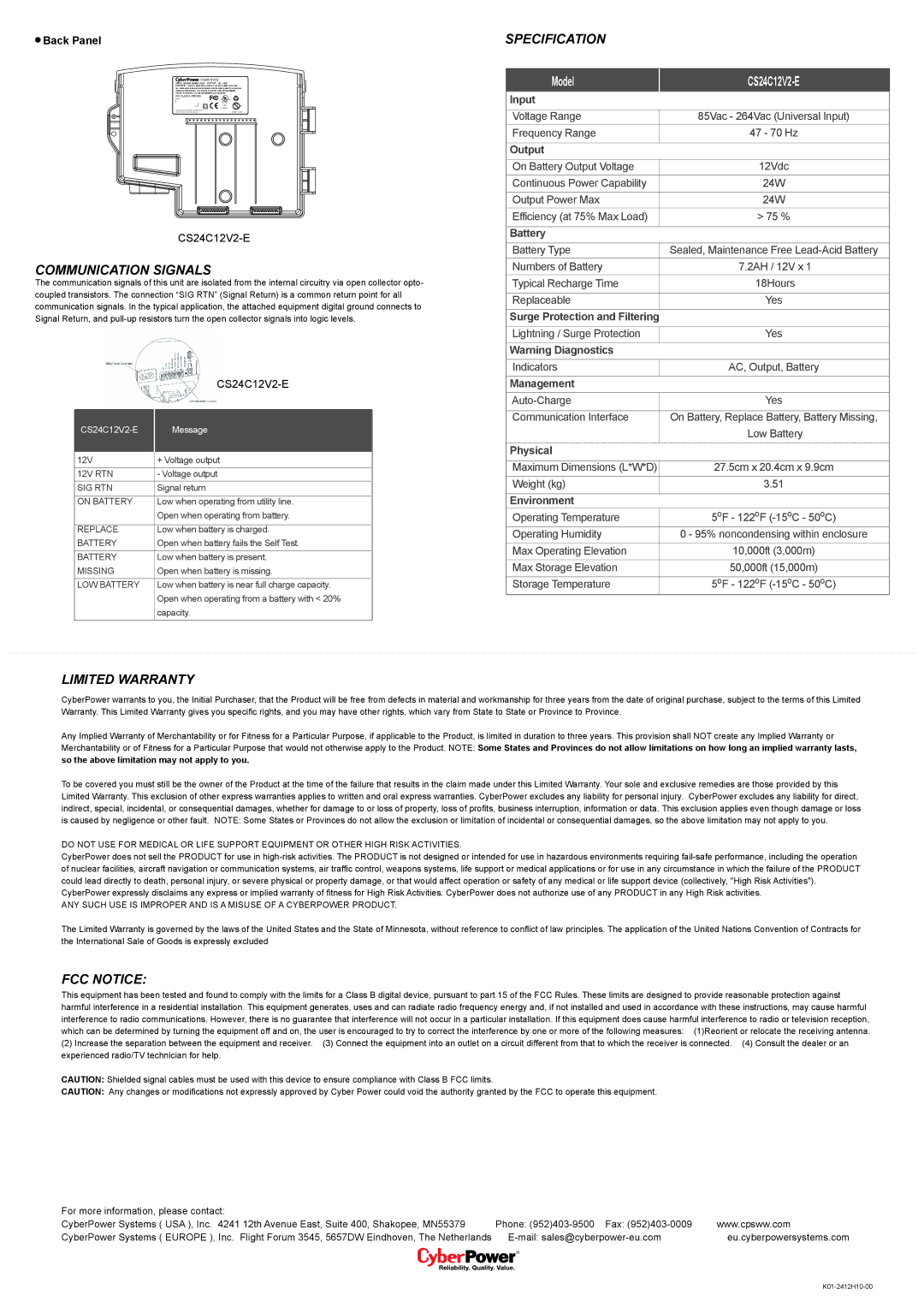 CyberPower Systems CS24C12V-E user manual Communication Signals, Specification, Limited Warranty, FCC Notice 