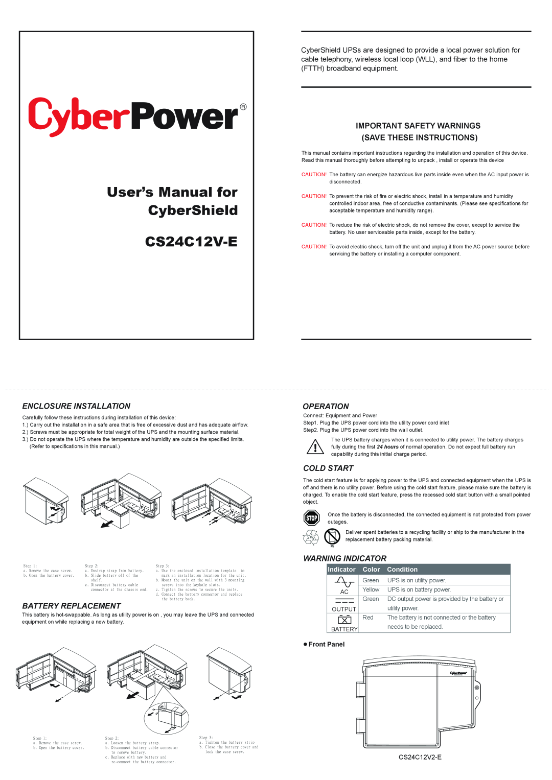 CyberPower Systems CS24C12V-E user manual Enclosure Installation, Operation, Battery Replacement, Cold Start, Green 
