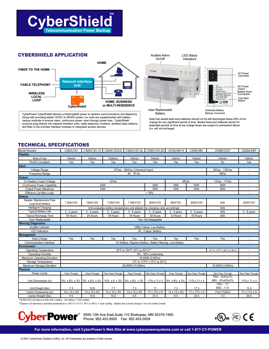 CyberPower Systems CS36A12V2, CS24C12V2-E, CS24U12V-XL Flexible, Input, Output, Battery, Management, Environment, Physical 