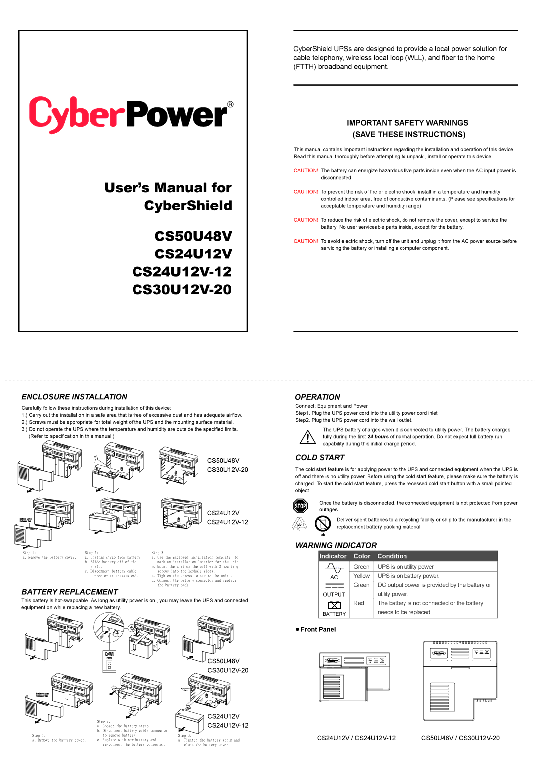 CyberPower Systems CS24U12V-12, CS30U12V-20 manual Enclosure Installation, Operation, Cold Start, Battery Replacement 