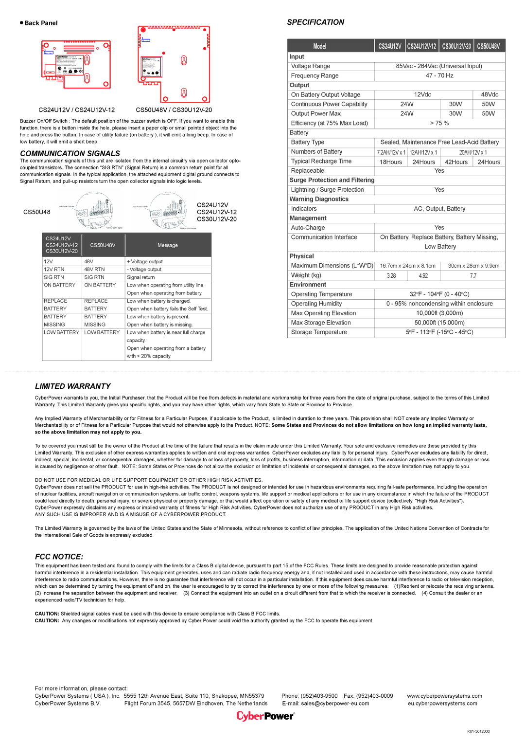 CyberPower Systems CS50U48V, CS30U12V-20, CS24U12V-12 manual Communication Signals, Limited Warranty, FCC Notice 