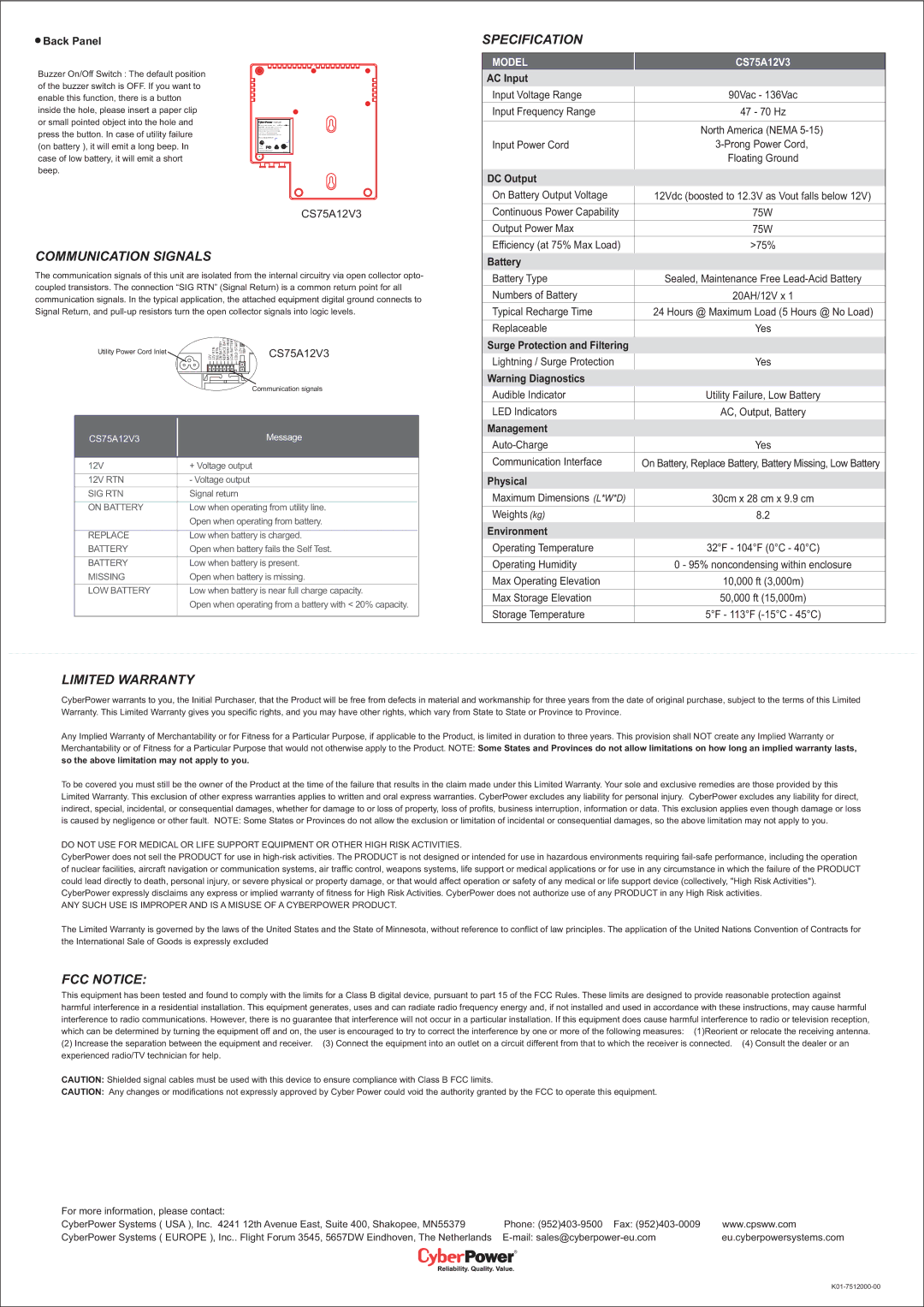 CyberPower Systems CS75A12V3 user manual Specification, Communication Signals, Limited Warranty, FCC Notice 