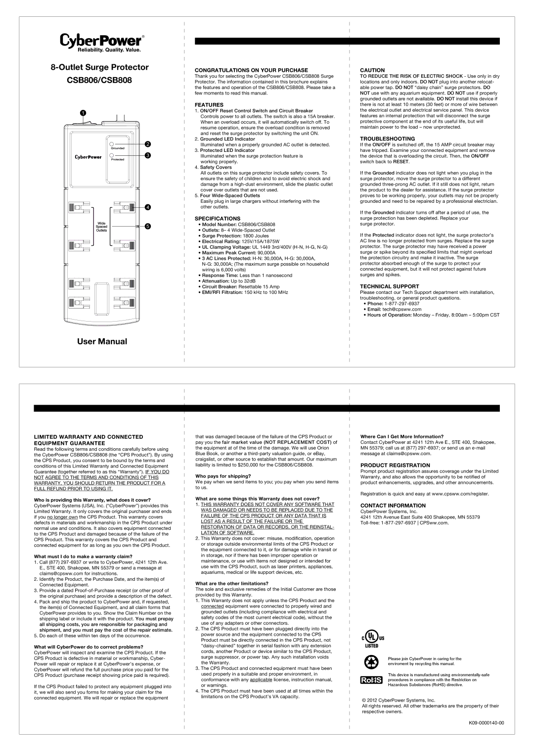 CyberPower Systems CSB806 specifications Congratulations on Your Purchase, Features, Specifications, Troubleshooting 