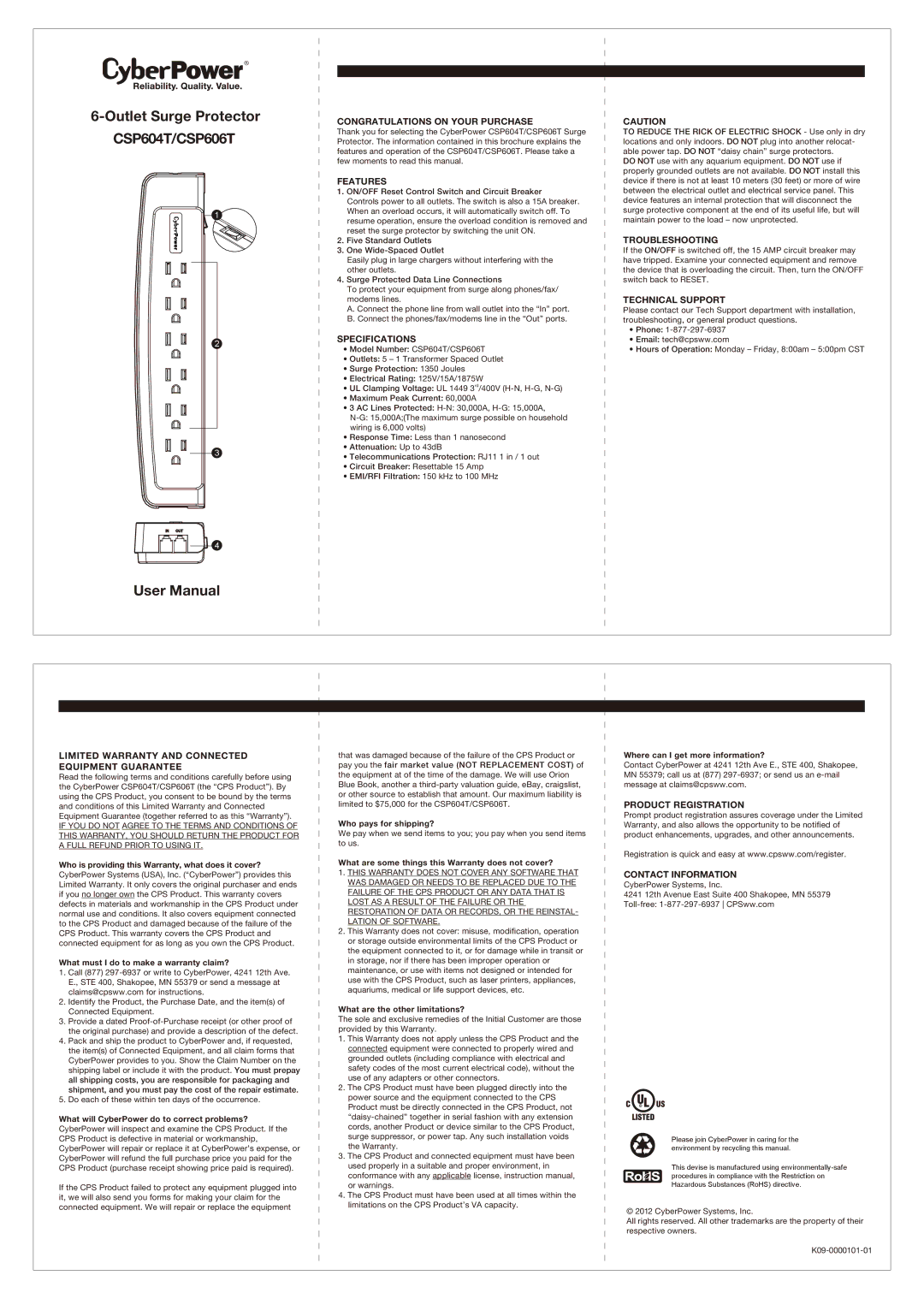 CyberPower Systems CSP604T specifications Congratulations on Your Purchase, Features, Specifications, Troubleshooting 