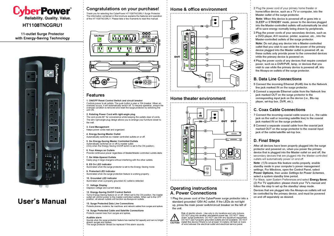 CyberPower Systems HT1108TNCGRU1 user manual Congratulations on your purchase, Features, Home & office environment 