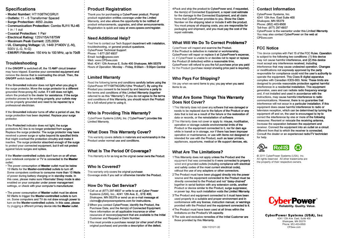 CyberPower Systems HT1108TNCGRU1 user manual Specifications, Product Registration 