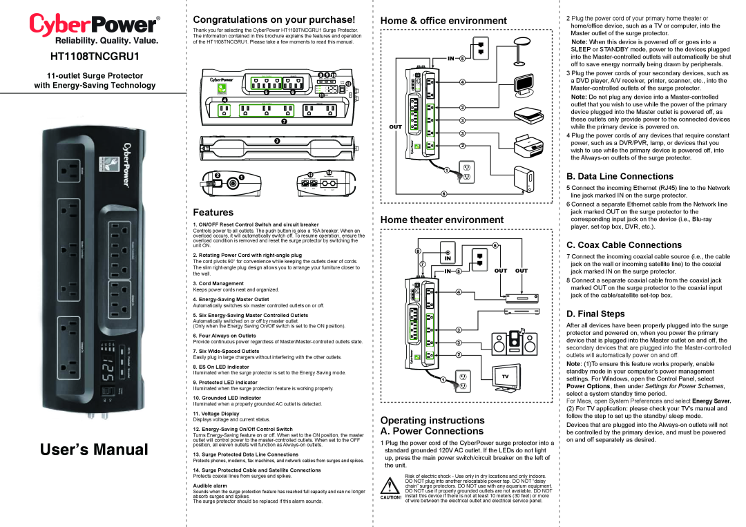 CyberPower Systems HT1108TNCGRU1 user manual Congratulations on your purchase, Features, Home & office environment 