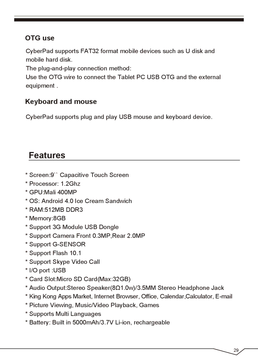 CyberPower Systems IVIEW-435TPC-BK user manual Features, OTG use, Keyboard and mouse 