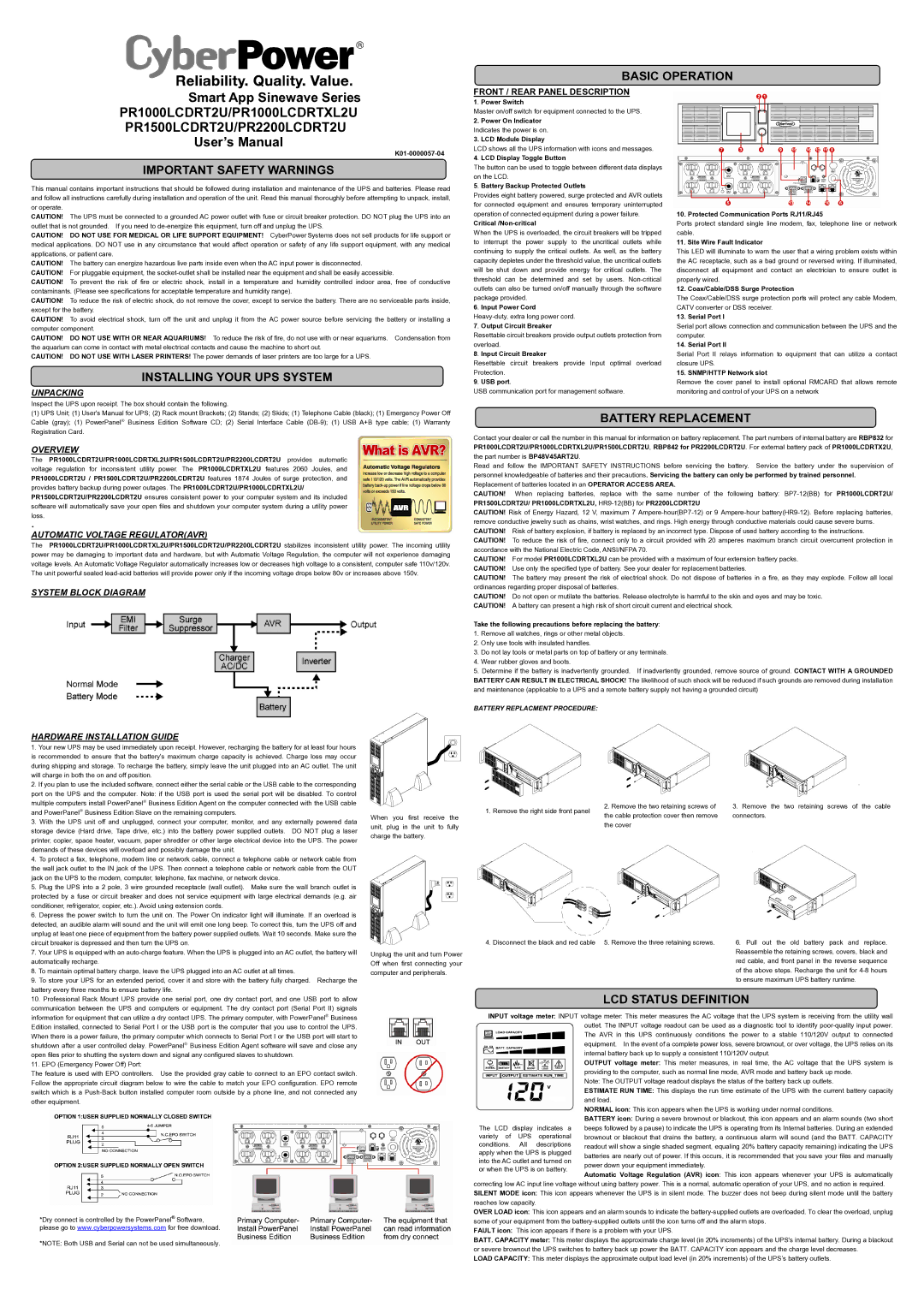 CyberPower Systems PR1500LCDRT2U user manual Basic Operation, Important Safety Warnings, Installing Your UPS System 