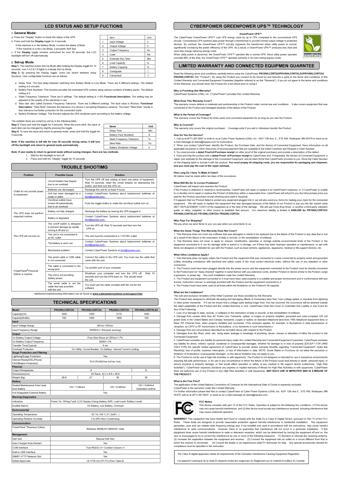 CyberPower Systems PR1000LCDRTXL2U, K01-0000057-04 Limited Warranty and Connected Equipmen Guarntee, Trouble Shootimg 