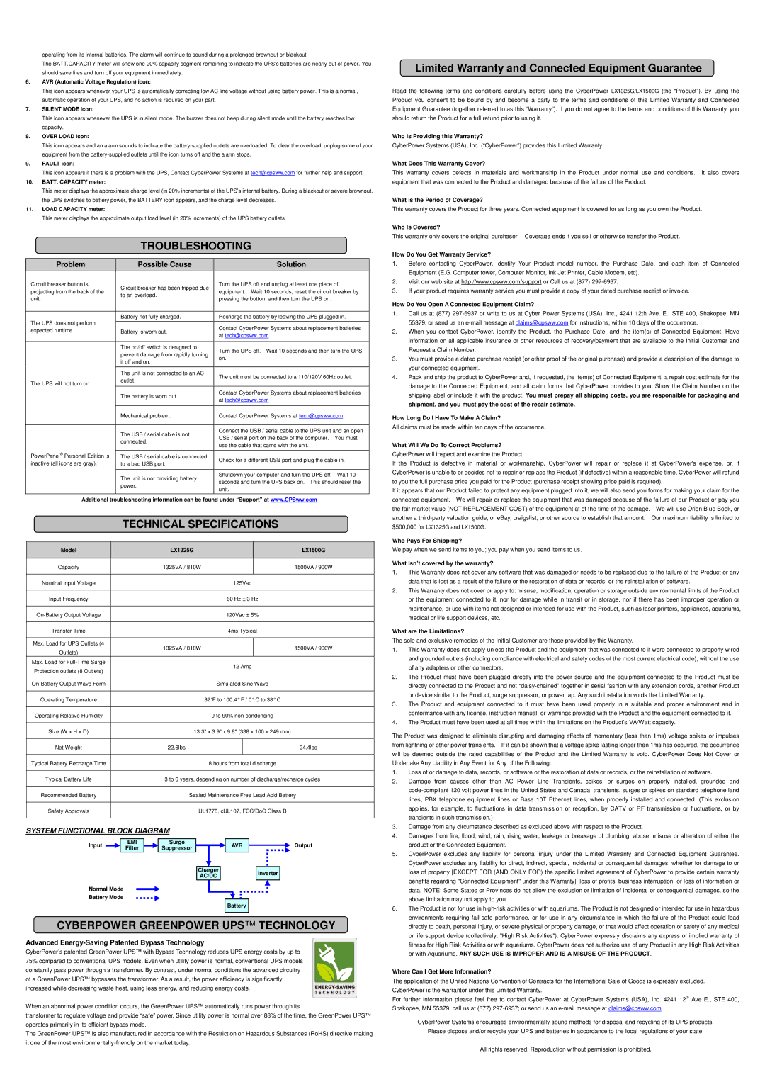 CyberPower Systems K01-0000294-01 Troubleshooting, Technical Specifications, Cyberpower Greenpower UPS Technology 