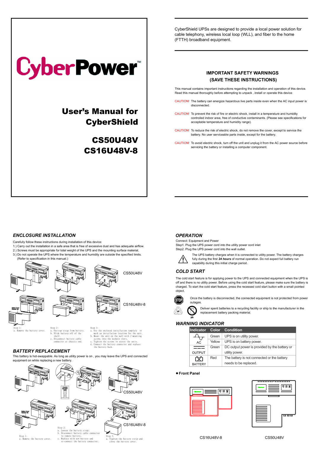 CyberPower Systems K01-DC48V2A user manual Enclosure Installation, Battery Replacement, Operation, Cold Start 