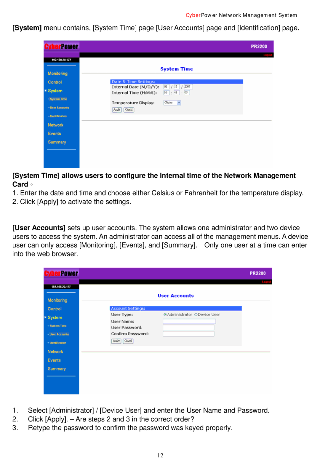 CyberPower Systems Network Management Card user manual CyberPower Network Management System 