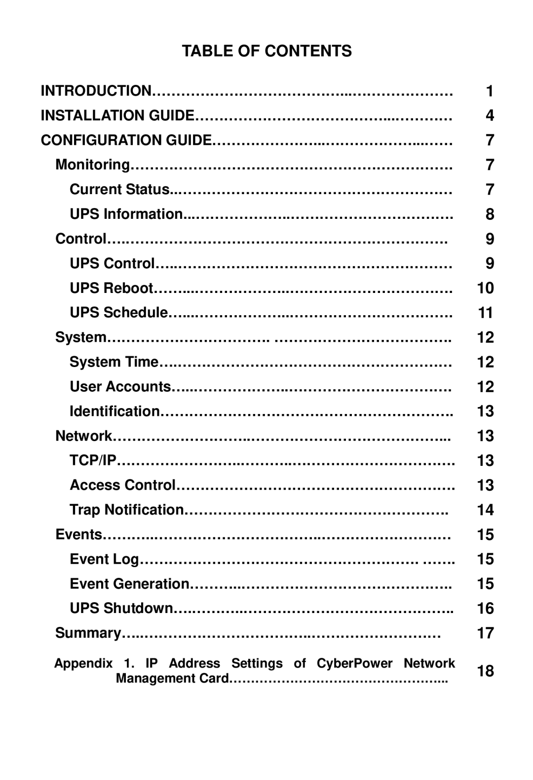 CyberPower Systems Network Management Card user manual Table of Contents 