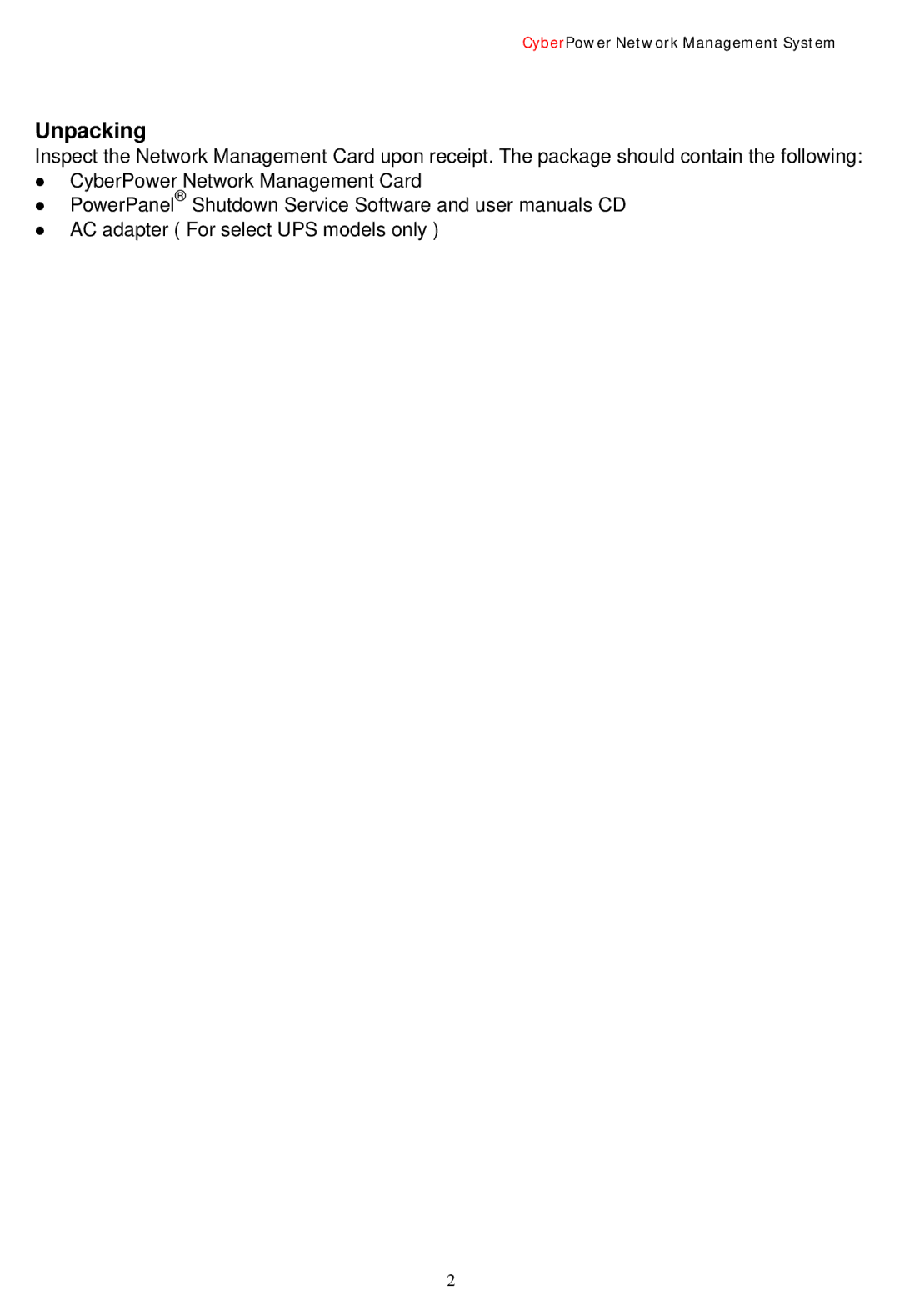 CyberPower Systems Network Management Card user manual Unpacking 