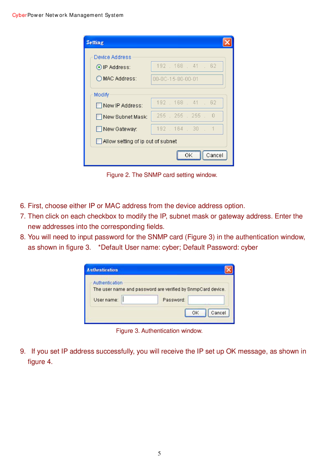 CyberPower Systems Network Management Card user manual Snmp card setting window 