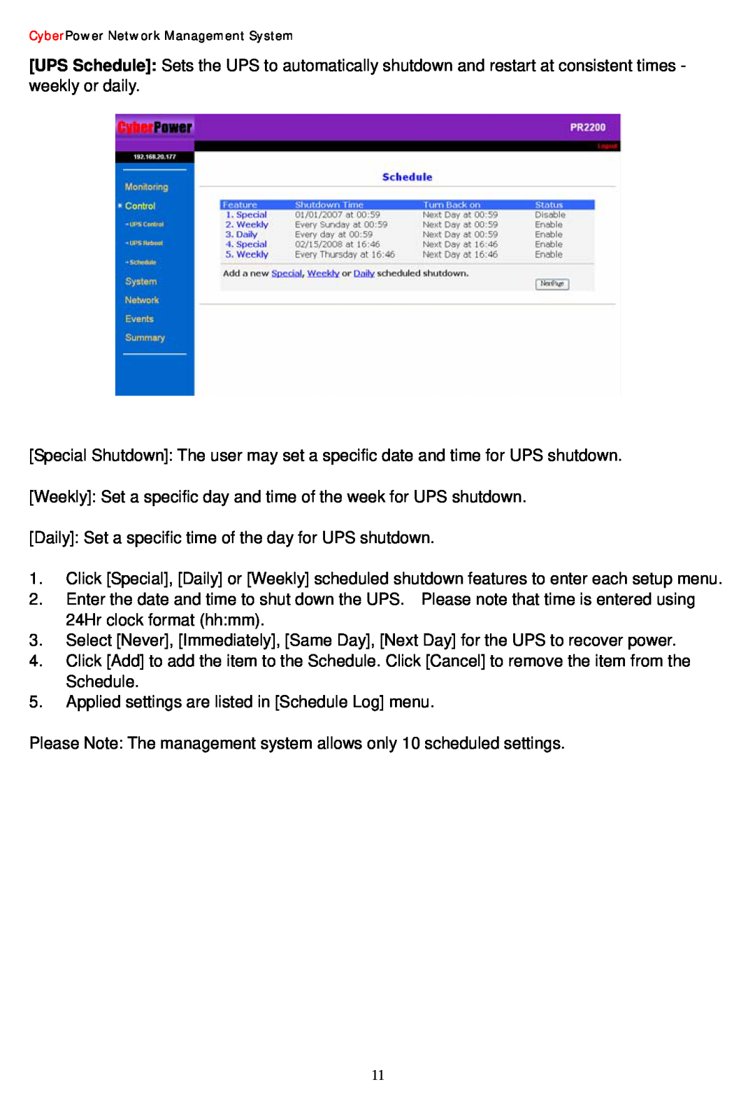 CyberPower Systems Network Management Card user manual Weekly Set a specific day and time of the week for UPS shutdown 