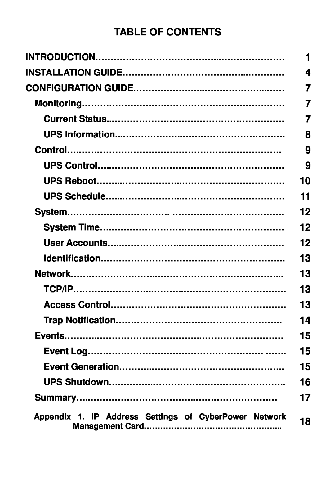 CyberPower Systems Network Management Card user manual Table Of Contents 