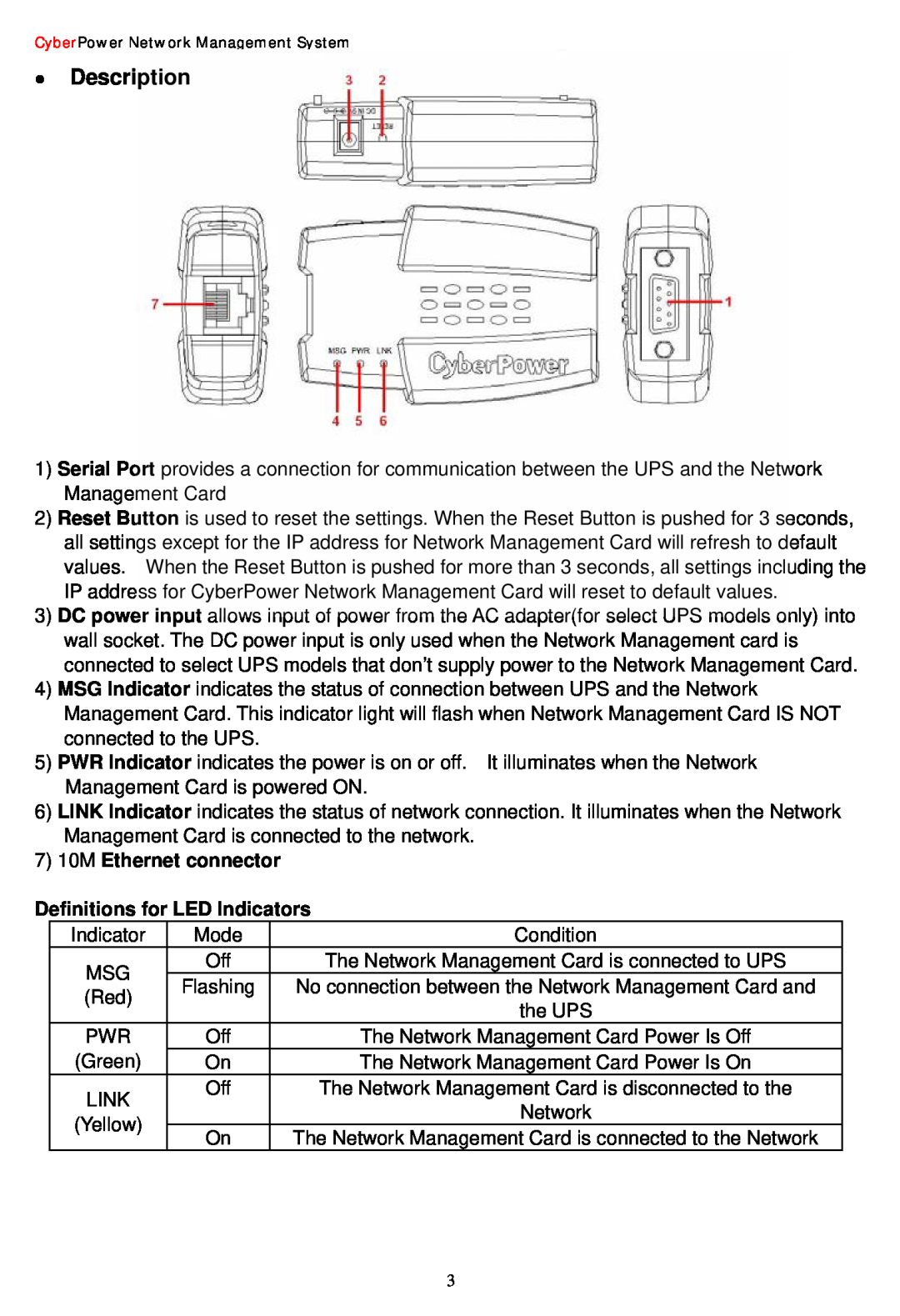 CyberPower Systems Network Management Card z Description, 7 10M Ethernet connector, Definitions for LED Indicators 