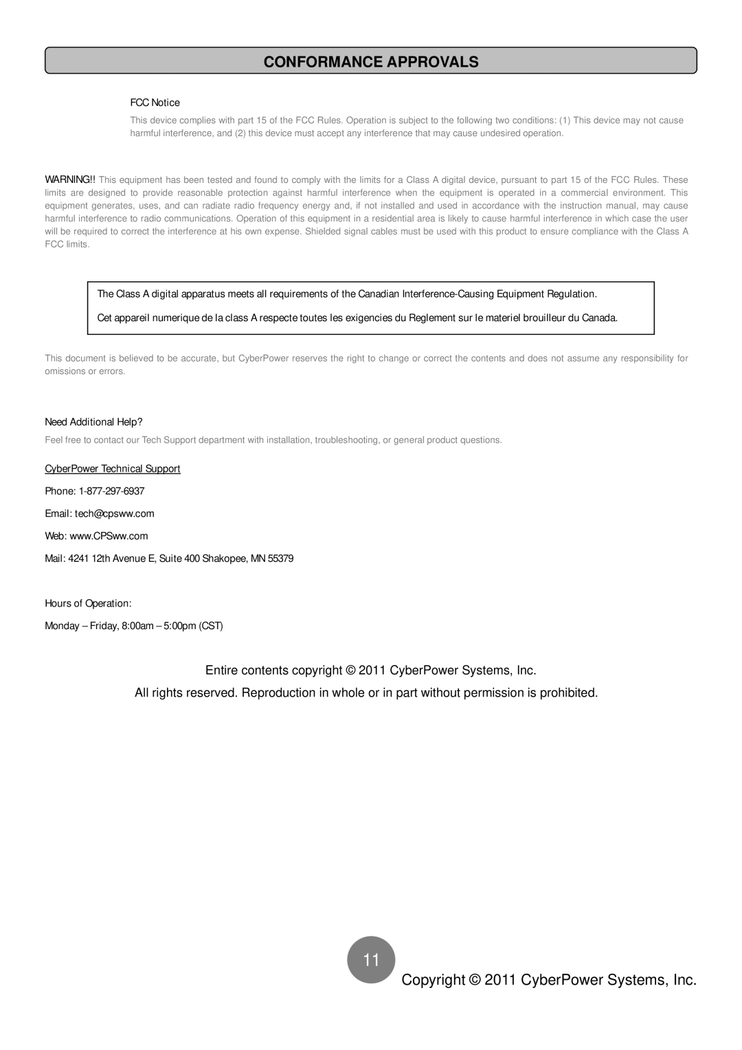 CyberPower Systems OL8K10KRT3UTFHW, OL6KRT2UTFHW user manual Conformance Approvals, FCC Notice, Need Additional Help? 