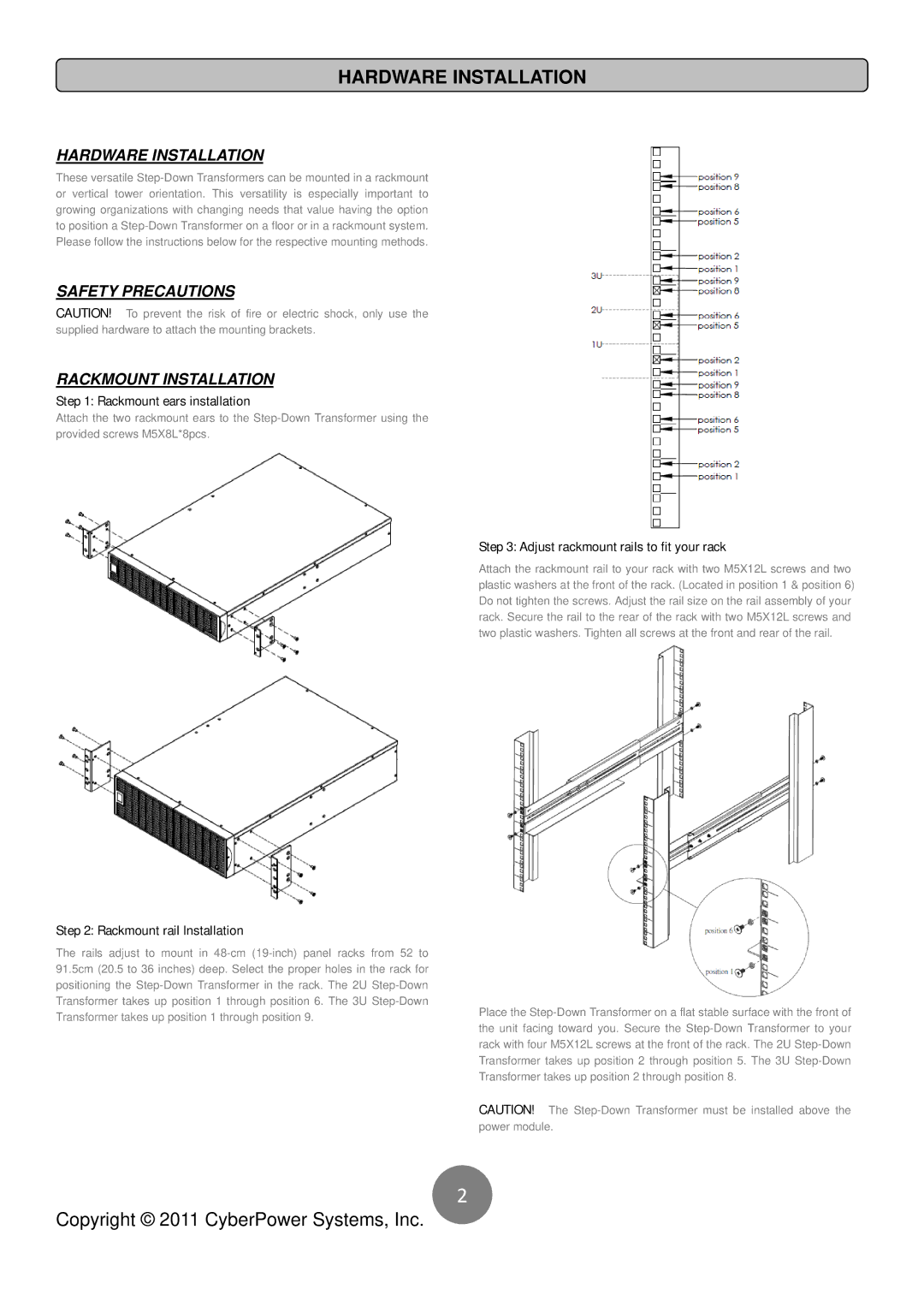 CyberPower Systems OL6KRT2UTF, OL8K10KRT3UTFHW user manual Hardware Installation, Safety Precautions Rackmount Installation 