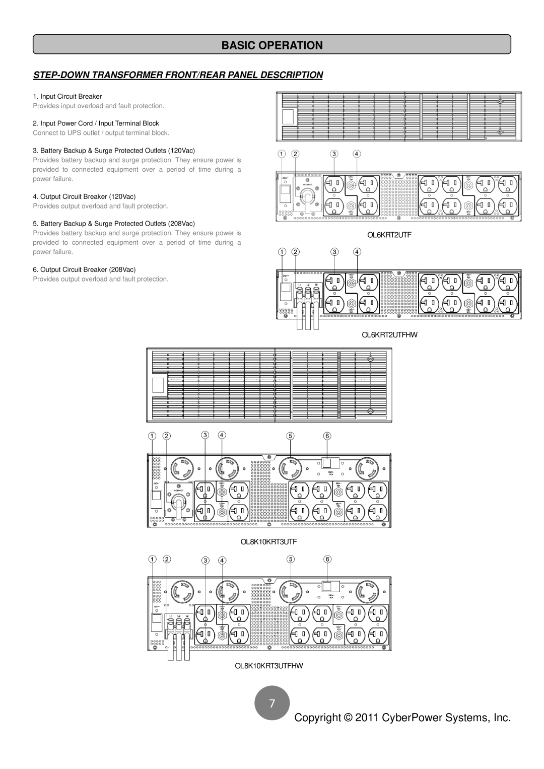 CyberPower Systems OL8K10KRT3UTFHW, OL6KRT2UTFHW Basic Operation, STEP-DOWN Transformer FRONT/REAR Panel Description 