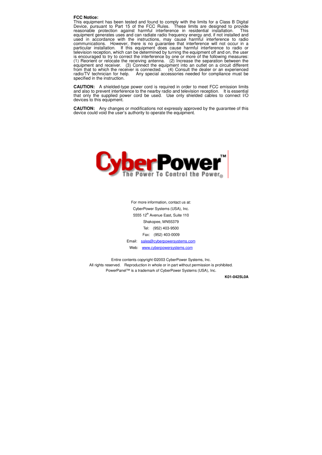 CyberPower Systems OP650 user manual FCC Notice, Email sales@cyberpowersystems.com 